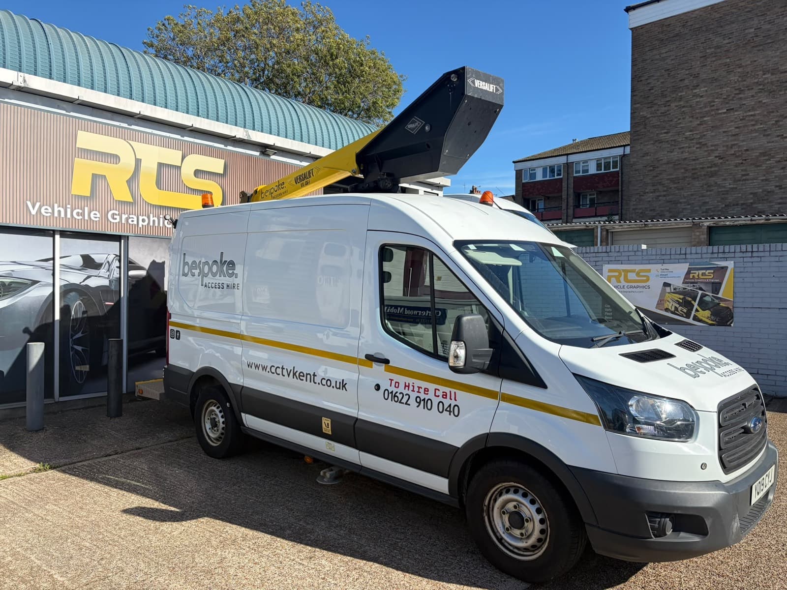 Bespoke AVS's 12.5m Versalift cherry picker on a Ford Transit, ready for a Maidstone job