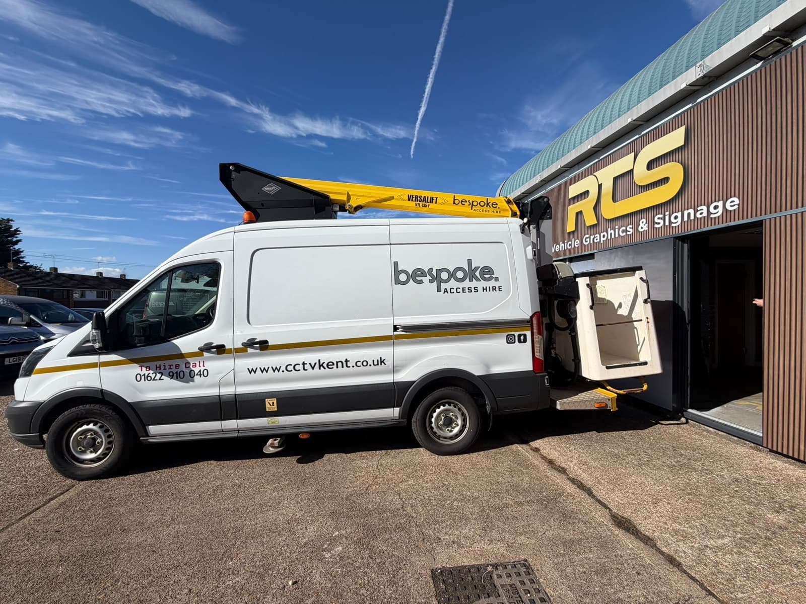 Bespoke AVS's Ford Transit with its van-mounted 12.5m Versalift cherry picker
