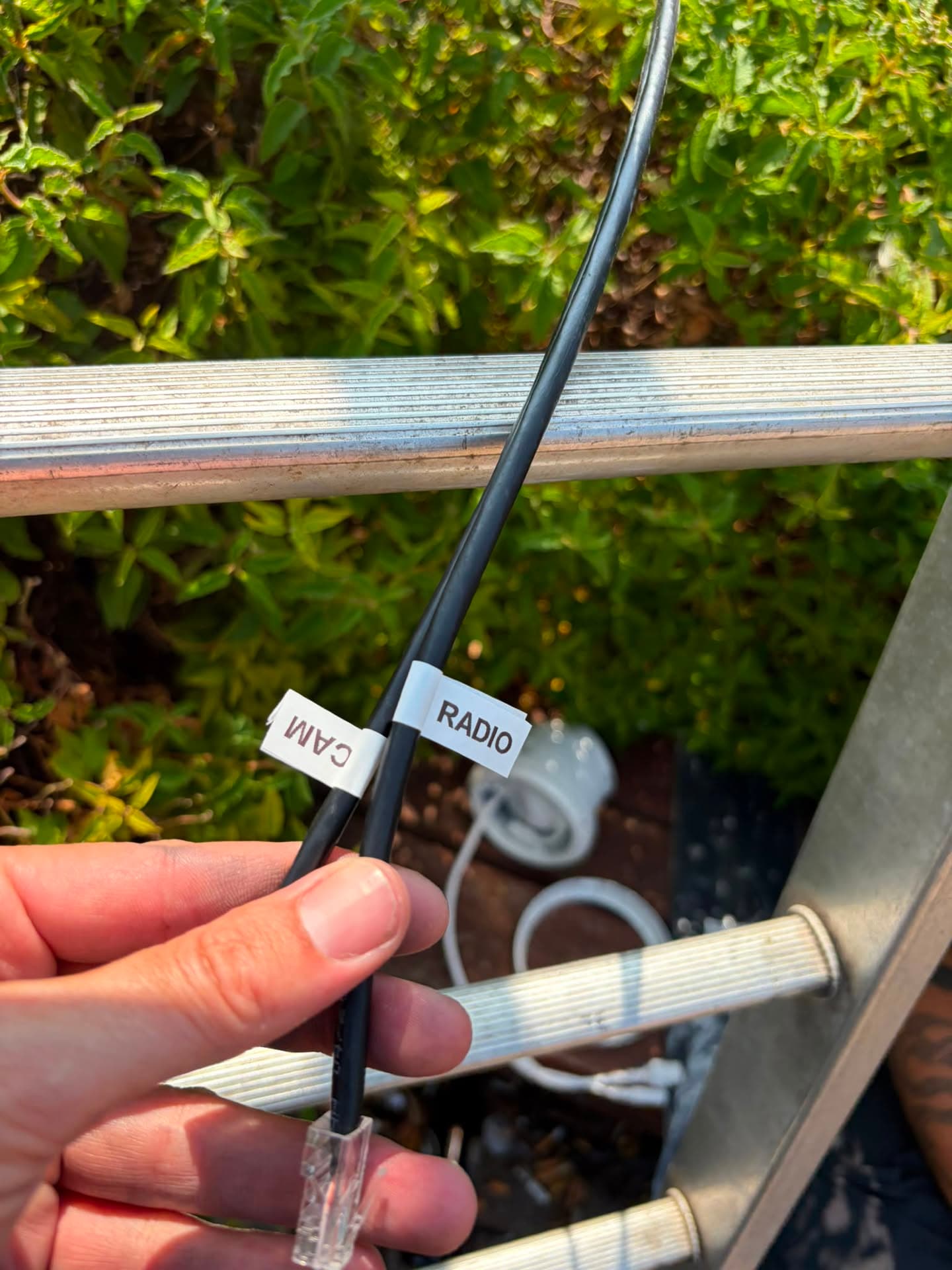 Labelled camera and radio cables during a pole-mounted wireless CCTV install
