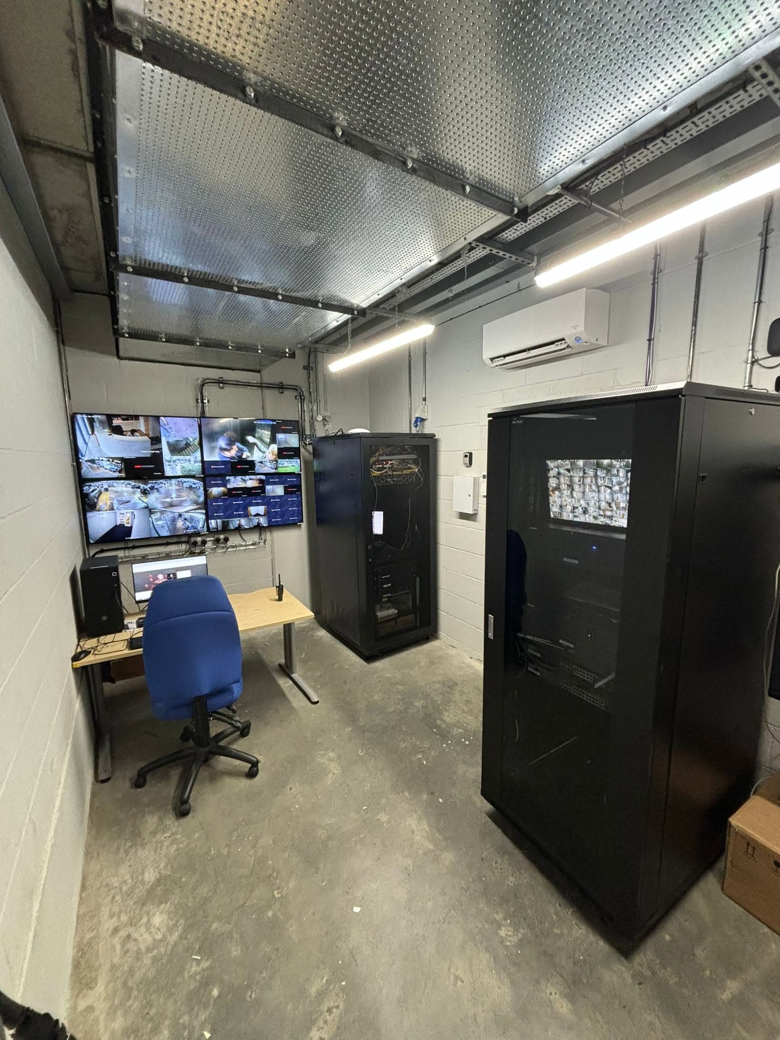 CCTV control room install with camera wall and equipment racks