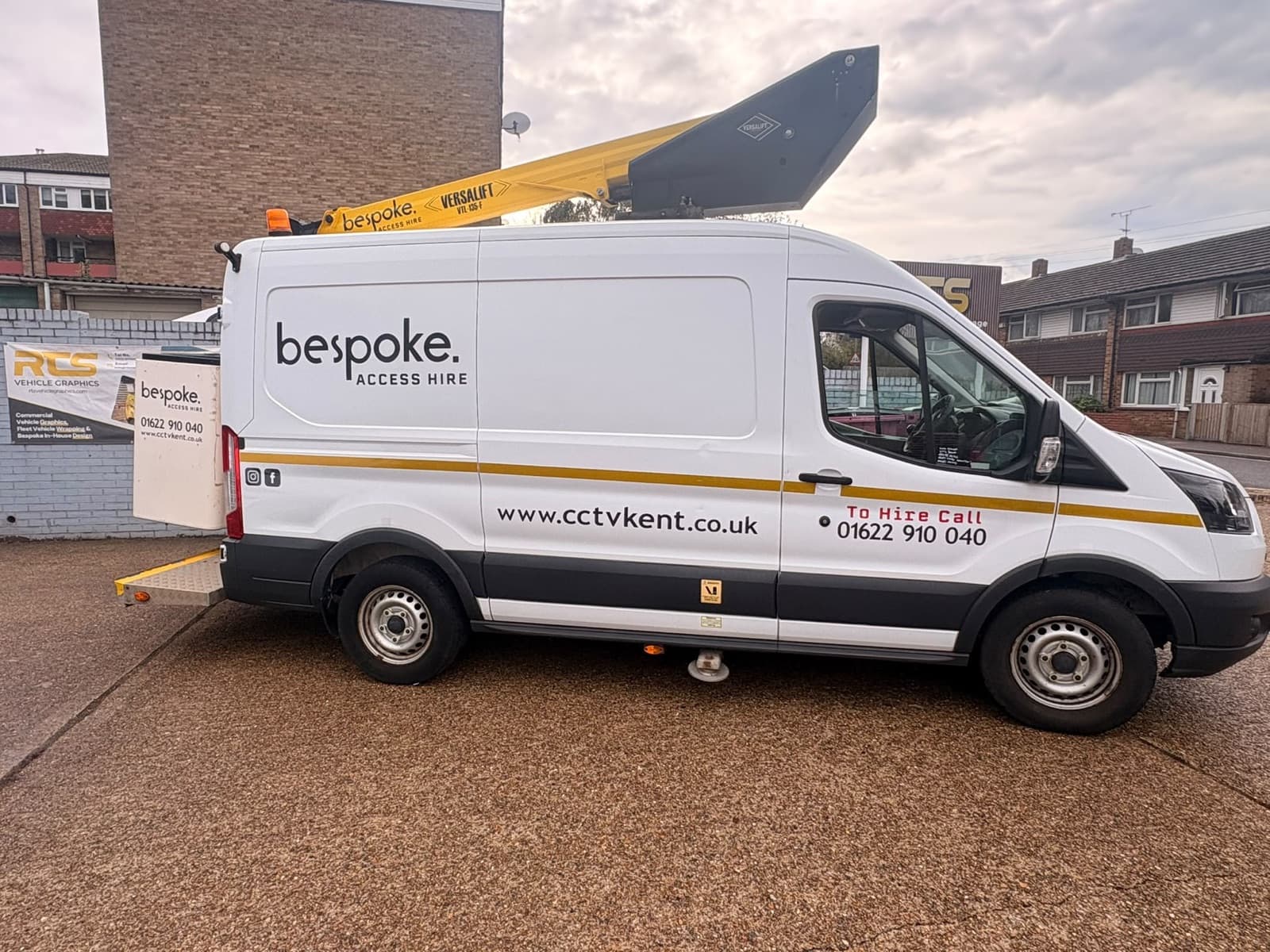 Bespoke AVS's 12.5m Versalift cherry picker on a Ford Transit, used for operated hire