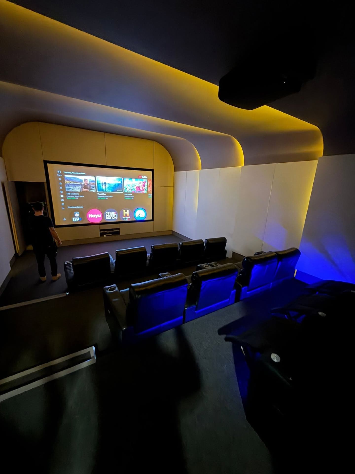 Dedicated home cinema room with projector screen and tiered seating